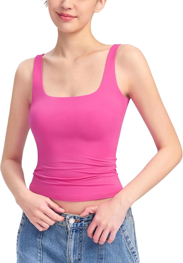 PUMIEY Women's Square Neck Tank Top Sleeveless Double Lined Basic Tops Sharp Collection (Medium, Blush)