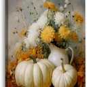 Zeuiwr Fall White Pumpkin Floral Framed Wall Decor, Farmhouse Rustic Cottagecore Autumn Pumpkin Canvas Wall Art, Retro Fall Pictures Prints Artwork for Home Bedroom Living Room Decor, 16x24 Inches