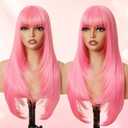 Pink Long Straight Layered Wig with Bangs for Women 26 inch Put on Go Realistic Synthetic Fiber Heat Resistant Natural Wig for Girls Party Cosplay and Daily Use