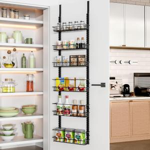 Churboro Over the Door Pantry Organizer Rack with 6 Adjustable Baskets, 6 Tiers Dual-use Spice Rack- Hanging or Wall Mount Spice Rack, Pantry Door Organizer, Black