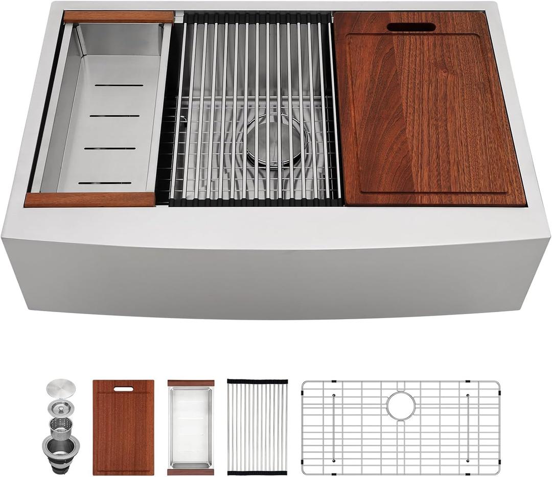 Sarlai 33 Farm Sink Stainless Steel - 33 x 22 Inch Farmhouse Kitchen Sink Ledge Workstation Apron Front Single Bowl 16 Gauge Stainless Steel Luxury Kitchen Farmer Sinks Basin