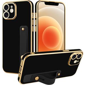 TEAUGHT for iPhone 12 Case with Wrist Finger Strap for Women Girls Men, Cute Luxury Plating Soft TPU Slim Shockproof Protective Cover with Adjustable Wristband Kickstand Holder (Black)