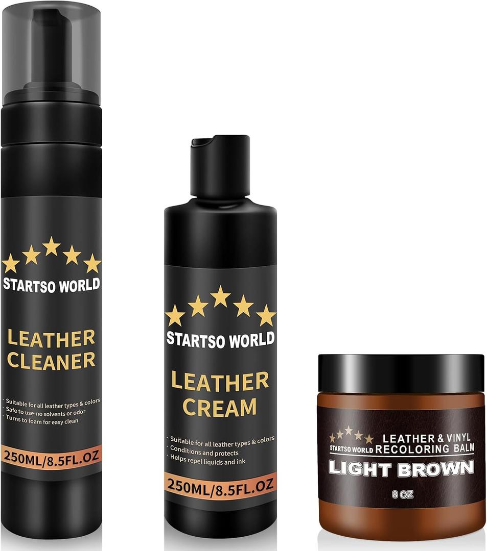 STARTSO WORLD Leather Restoration Kit | Includes Leather Recoloring Balm, Leather Cleaner, Protection Cream| Restores & Repairs (Light Brown)