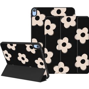 Lornpa Case for iPad (A16) 11th Generation 11 Inch 2025, iPad 10th Generation 10.9 Inch 2022, Protective Case with Pencil Holder, Trifold Smart Stand Cover with Cute Pattern for Girls, Black Flowers