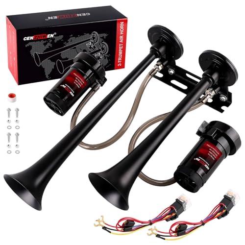 Cenzhiwen Dual 2-Trumpet Metal Air Horn for Truck Kit with 2 Air Compressors,12V 150dB Ultra Loud Impact Train Car Horn is Suitable for Pickup/SUV/Moto and other Vehicles (Black)