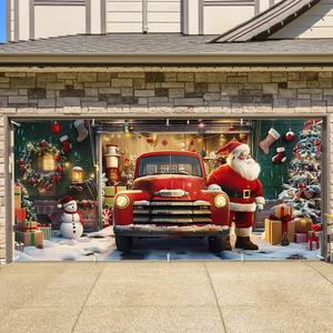 Printspree Christmas Garage Door Cover - Santa Claus and Vintage Truck Holiday Banner Decoration for 2-Car Garage Large Outdoor Christmas Decoration Festive Home Decor 7x16ft