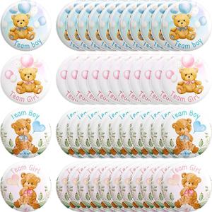 Spakon 48 Pieces Bear Gender Reveal Buttons Team Boy Girl Button Pins Bear Gender Reveal Favors in Pink and Blue for Baby Shower Party Game Supplies, 4 Styles, 1.47 Inch