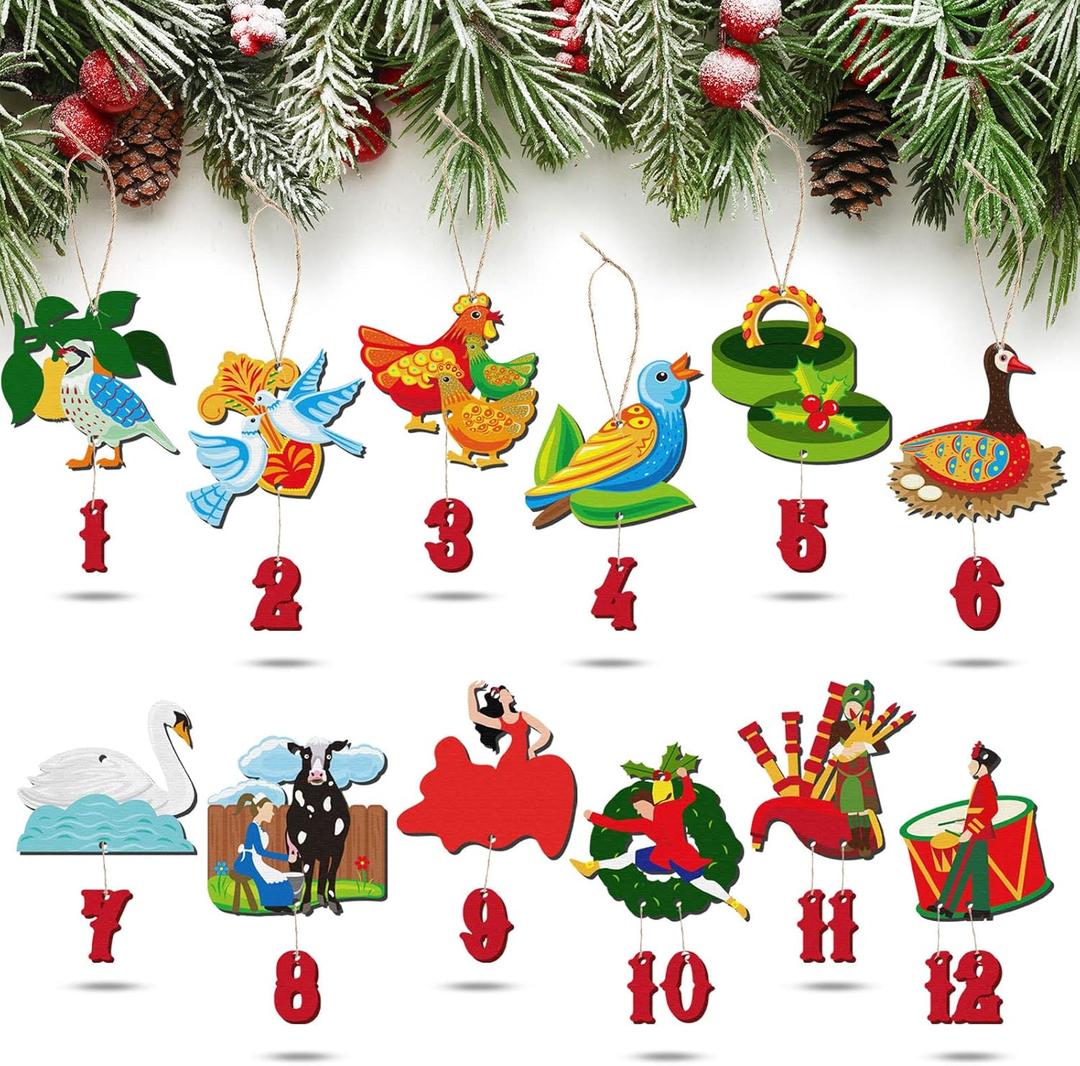 12 Pieces 12 Days of Christmas Ornaments Wooden Set 3.15 Inch Colorful Xmas Twelve Days of Christmas Hanging Ornaments for Xmas Tree (Irregular Style)