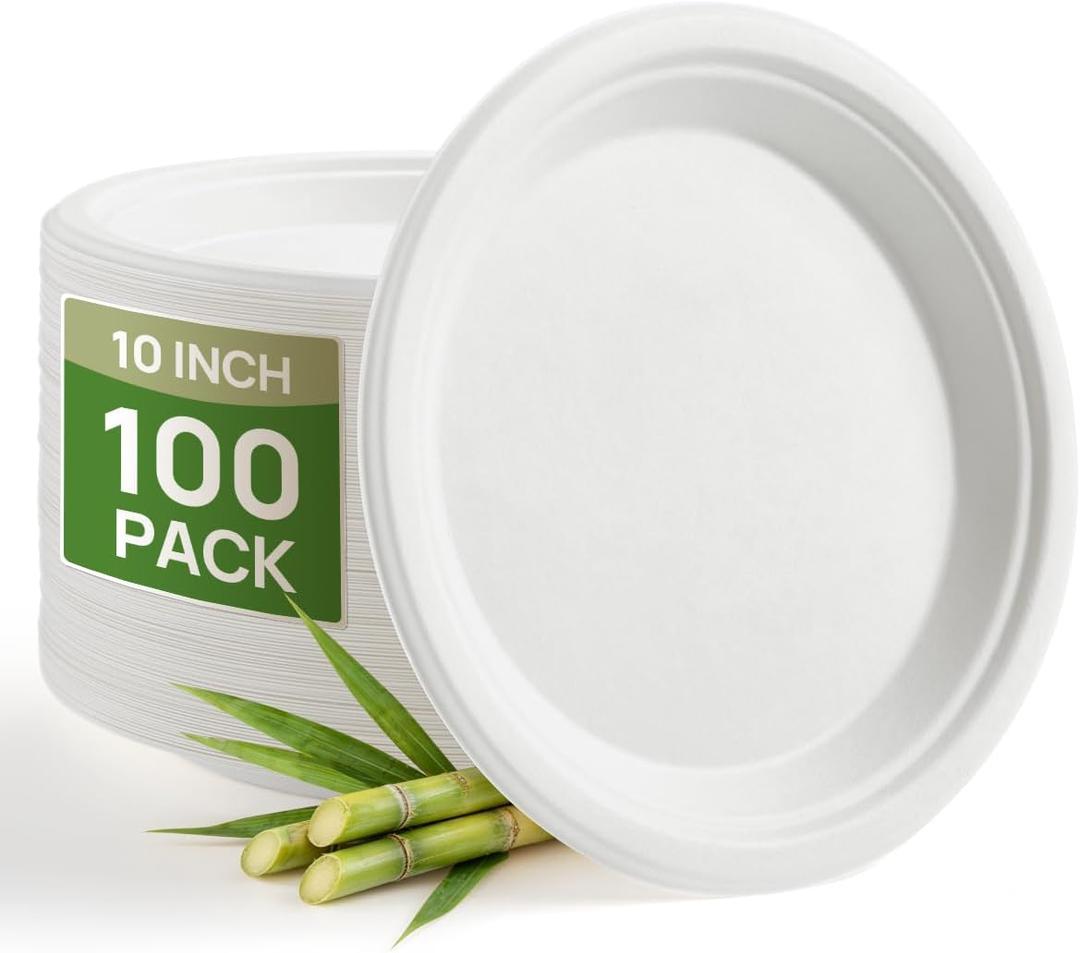 Goodluck 10 Inch White Compostable Paper Plates 100 Pack, 100% FSC Certified Heavy Duty Bagasse Plates, Eco Friendly Disposable Sugarcane Plates for Party, Wedding, BBQ, Catering & Everyday Use