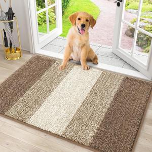 Smiry Dog Door Mat for Muddy Paws, Absorbs Moisture and Dirt, Low-Profile Entryway Mat with Non-Slip Backing, Entry Indoor Outdoor Doormat for Inside Floor (30x20 Inches, Khaki, Striped)