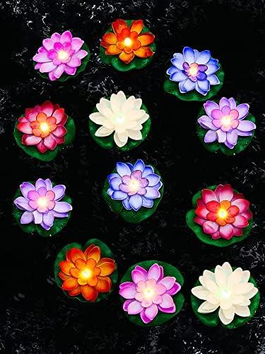 Hortsun 12 Pcs Pool Floating Lights Bulk Artificial Flower Lotus Decor Lily Pads for Ponds Floating Candles Lifelike Flower Lanterns Swimming Pool Decorations Include Batteries (3.94 Inch,Multicolor)