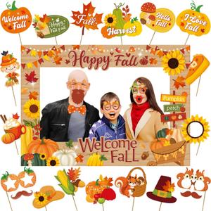 Fall Photo Booth Frame and Props with Wooden Stick Pumpkin Maple Leaf, Sunflower Autumn Theme 27pcs for Fall Thanksgiving Party Decorations Photo Booth Props