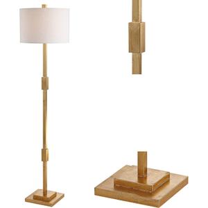 JONATHAN Y 61.5" Gold Leaf Geometric LED Floor Lamp, Contemporary Metal Column Standing Light for Living Room Bedroom, White Linen Drum Shade, LED Bulb Included, UL Listed JYL3063A