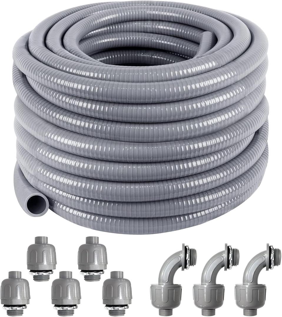 Liquid-Tight Conduit 100 ft and 8 Pieces of Connector Kit,Electrical Conduit 3/4 100ft UL Certification,Flexible Conduit with 5 Straight and 5 90-Degree Conduit Connector Fittings