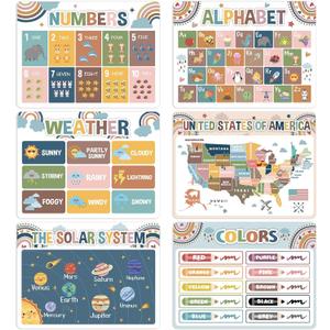 Educational Preschool Kids Placemats Set of 6 Boho Plastic Table Mats Toddler Children Montessori Place Mats for Kids Washable Holiday Desk Decoration for Indoor Outdoor Party Kitchen Dining Table