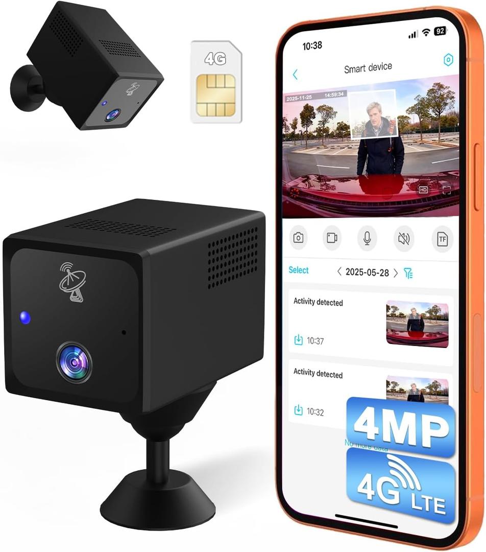 No WiFi Security Camera, 4MP Cellular Security Camera with 4G SIM Card, 5200mAh Battery, HD Portable Car Camera 4G, 160° Wide View, AI Radar Motion Detection, No Red Glow Night Vision