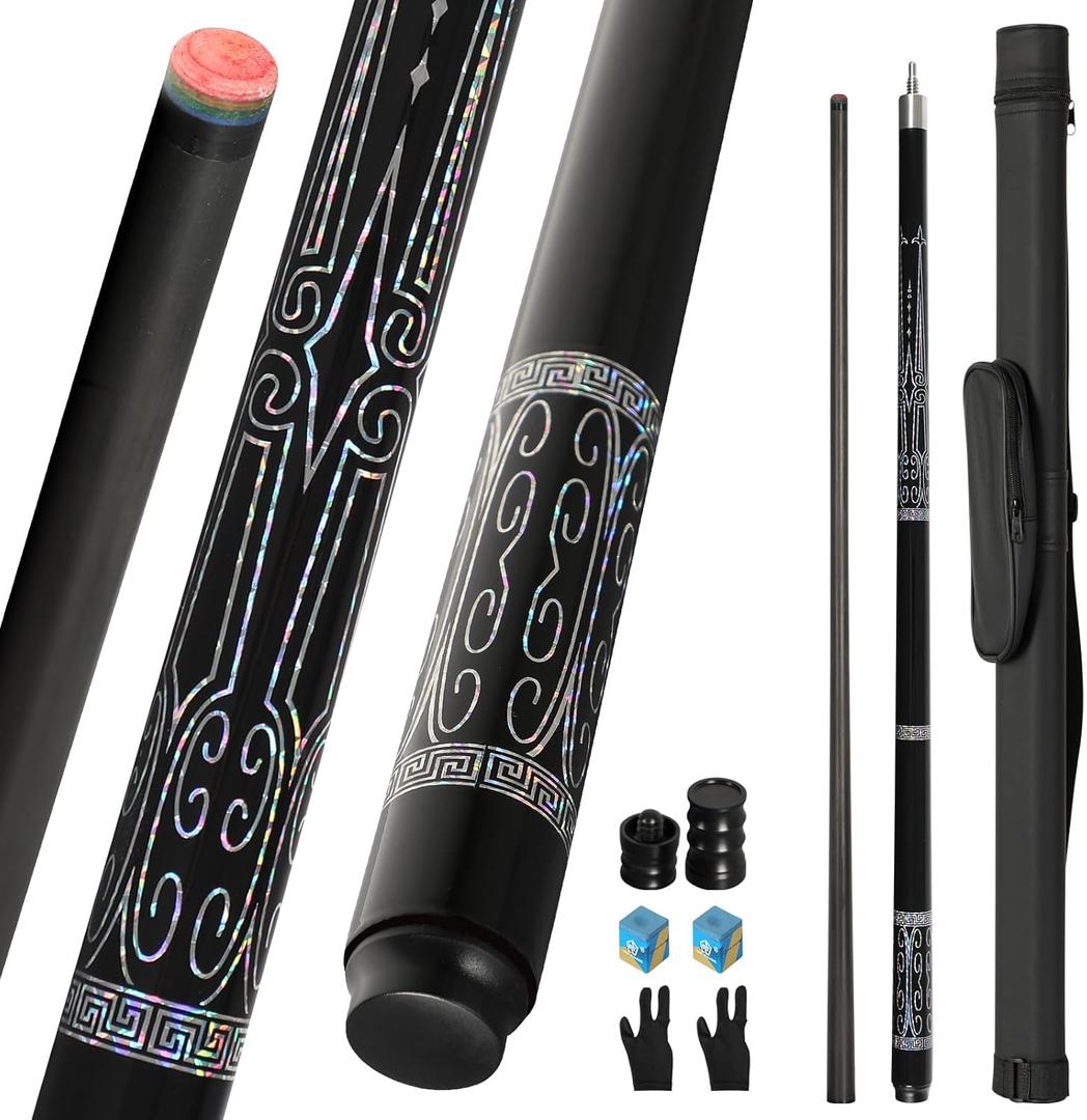 Carbon Fiber Pool Cue Stick 20-21 oz, Professional 13mm Rainbow Tip, 3/8 * 8 Joint, Includes Cue Case, Joint Protectors, Cue Chalks and Gloves