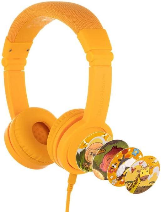 BuddyPhones Explore Plus | Foldable Kids Wired Headphones, Built-in Audio Sharing Cable with in-Line Mic - SafeAudio Volume-Limiting for Kindle, iPad, iPhone, or Android (Sun Yellow)