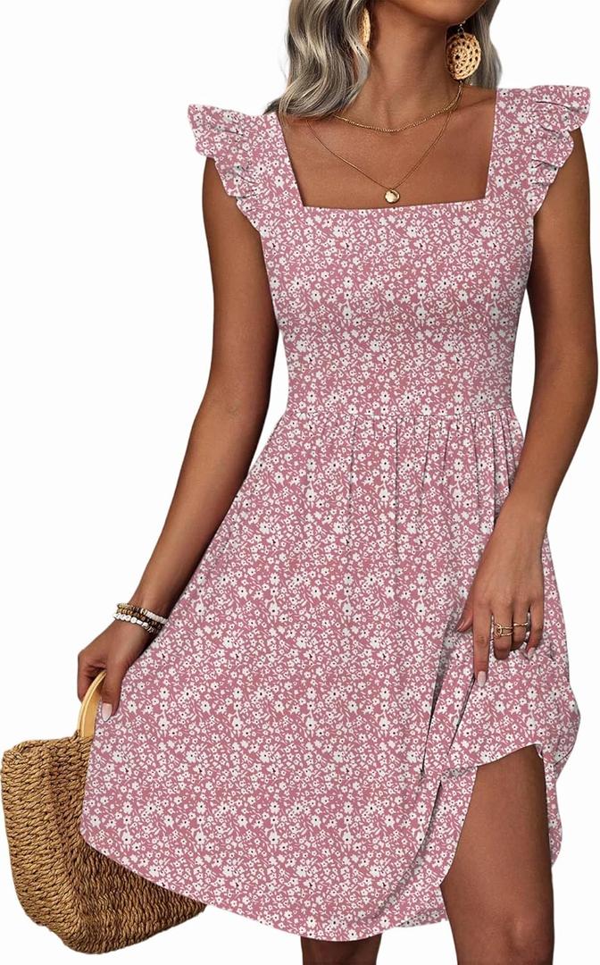 Loemes Summer Casual Cute Floral Flowy Square Neck Sundressses with Pocket Beach Dress for Women (Small, Pink Flower-58)
