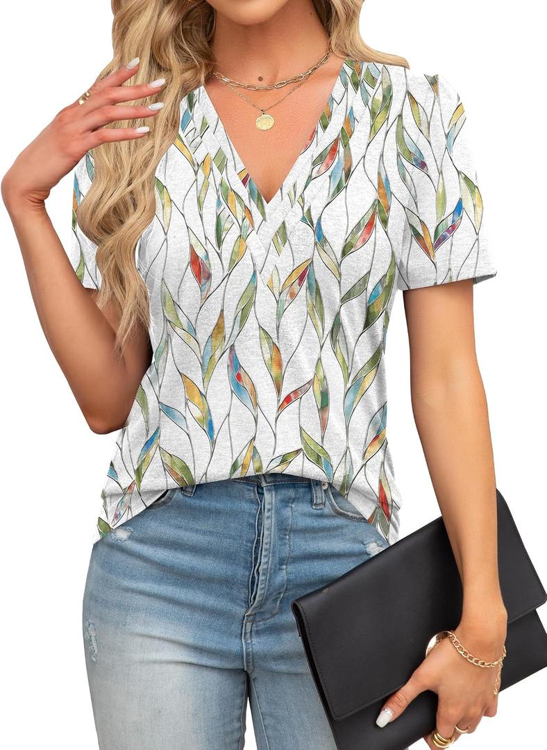 Agnes Urban Womens Tops Dressy Casual V Neck Short Sleeve Shirts Summer Loose T Shirts Trendy Tops Tunic Blouses (White, L)