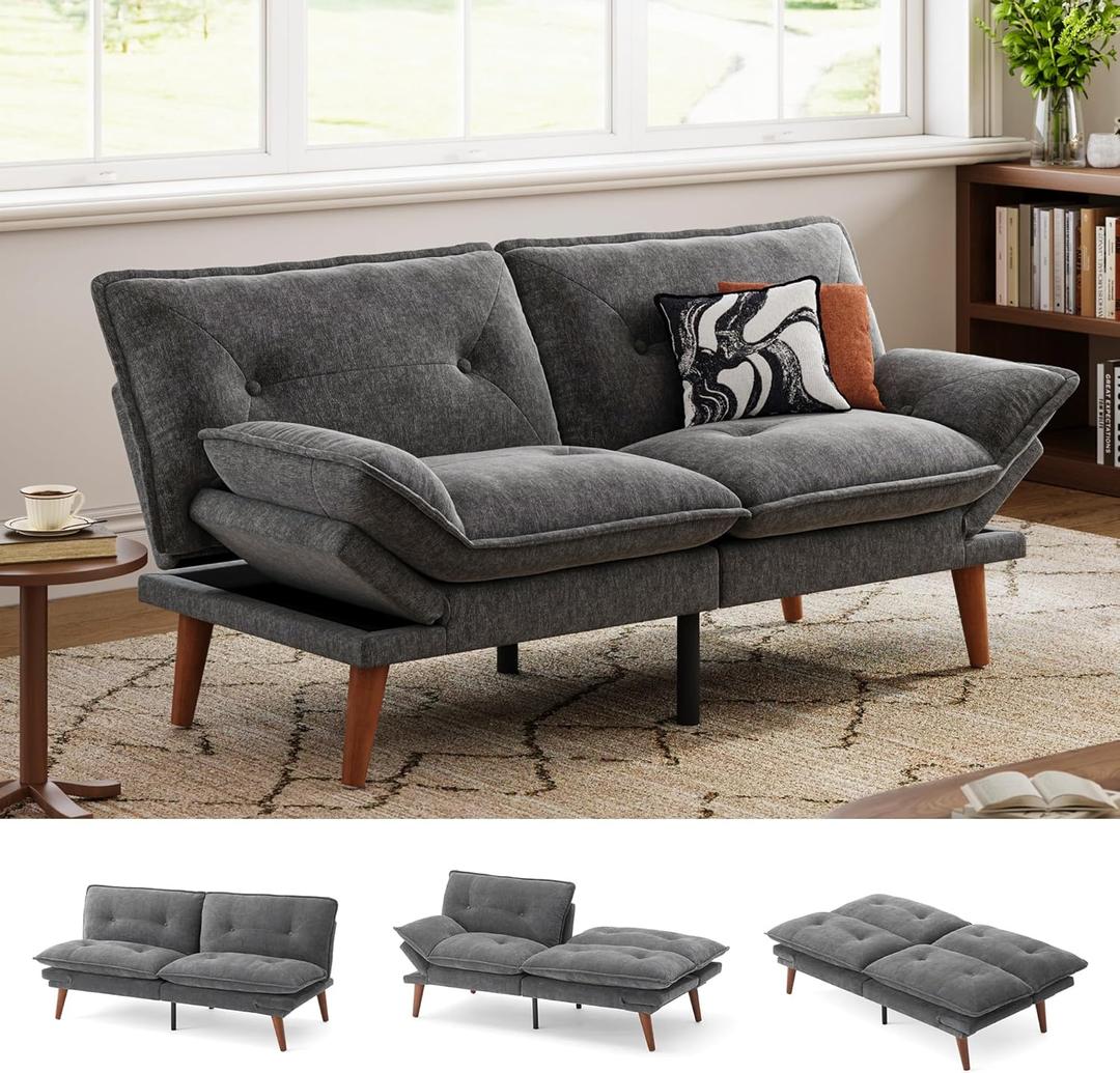 LINSY HOME Futon Sofa Bed, 70" Chenille Futon Couch with Adjustable Backrest Armrest, 3 in 1 Convertible Comfy Loveseat Sleeper Sofa Bed for Small Spaces Dorm Room Apartment Home Office, Dark Grey