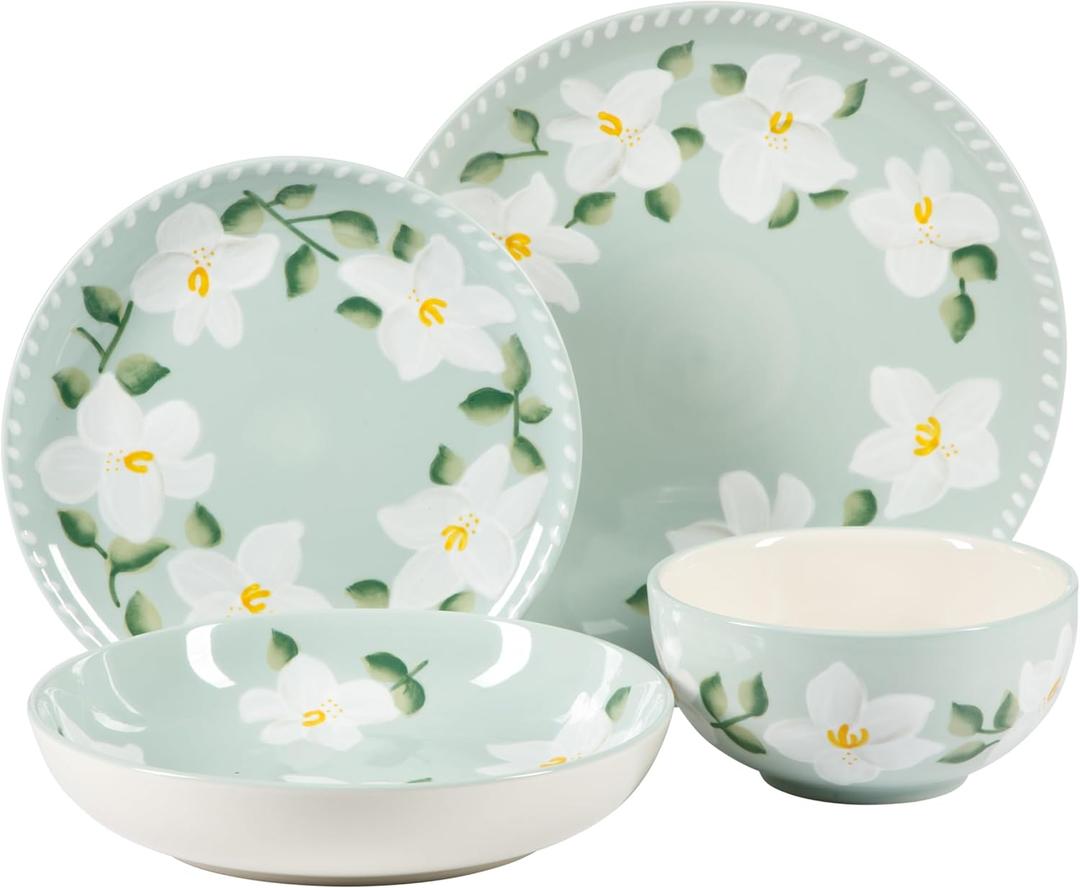 Bloomhouse Magnolia Bloom 16 Piece Double Bowl Hand Painted Stoneware Plates and Bowls Floral Dinnerware Set (Service for Four (16 Pcs)