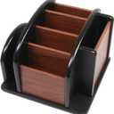 Coideal Remote Control Holder Caddy - Wooden Rotating Coffee Table Organizer Large Spinning Wood Remote Holder for Living Room Office (6 Compartments, Brown & Black)