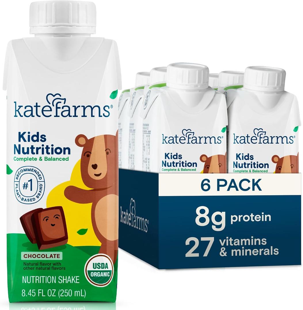 KATE FARMS Organic Kids Nutrition Chocolate Shake, 8g Protein, 27 Vitamins and Minerals, Meal Replacement, Gluten Free, Non-GMO, 8.45 oz (6 Pack)