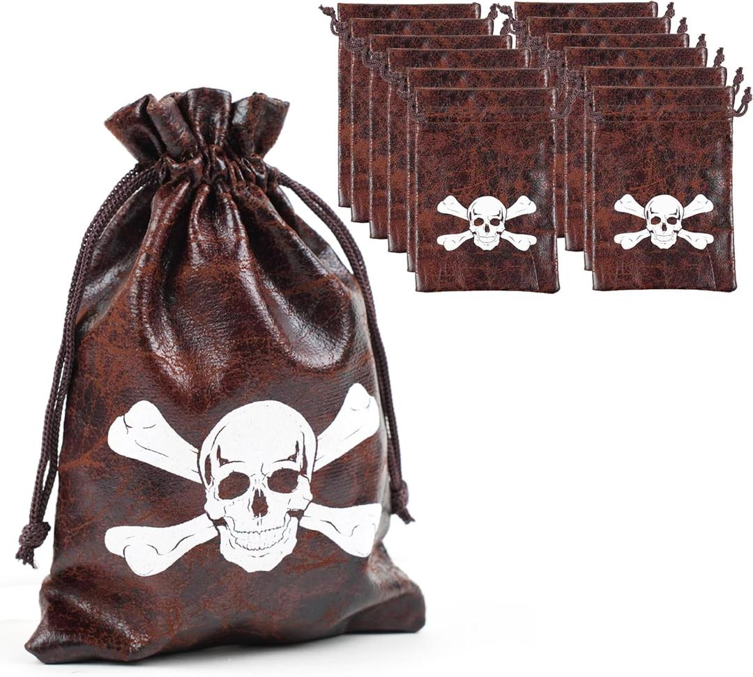 Jopffol 12 Pcs Pirate Loot Bags Goodie Bag with Drawstring,Faux Cow Skin Pirate Treasure Bags for Birthday Party Favors Supplies,Dice Bag Accessories for Party Decorations