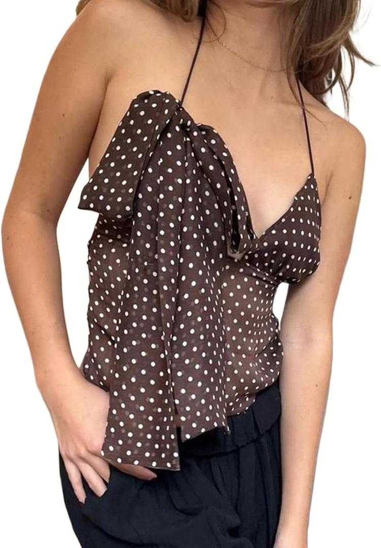 Women Deep V Neck Polka Dot Cami Shirts Spaghetti Strap Halter Tank Vest Tops Open Back Tie Camisole with Scarf (Brown, L)