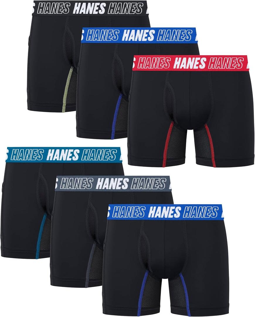 Hanes Moves Underwear, Anti-Chafe Boxer Briefs for Boys, 6-Pack (Medium, Black- Regular Leg)