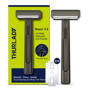 Dual-Blade Safety Razor with Pivoting Head, Reusable Metal Razors for Men, with 10 Double Edge Blades, Smooth Close Clean Shave, Matte Black