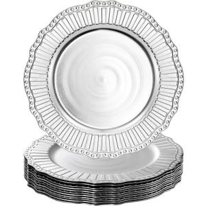 Dicunoy 12 Pack Charger Plates, 13 Inch Plastic Silver Dinner Under Plates, Round Server Ware Charger Service Base Beaded Rim, Serving Trays for Wedding, Party, Christmas Dinner