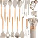 26 Pcs Silicone Cooking Utensils Set with Holder, NCUE BPA Free Kitchen Utensils Set for Cooking, 446F Spatulas Silicone Heat Resistant Wooden Handle Spoon Tongs Non-stick Kitchen Gadgets (Khaki)