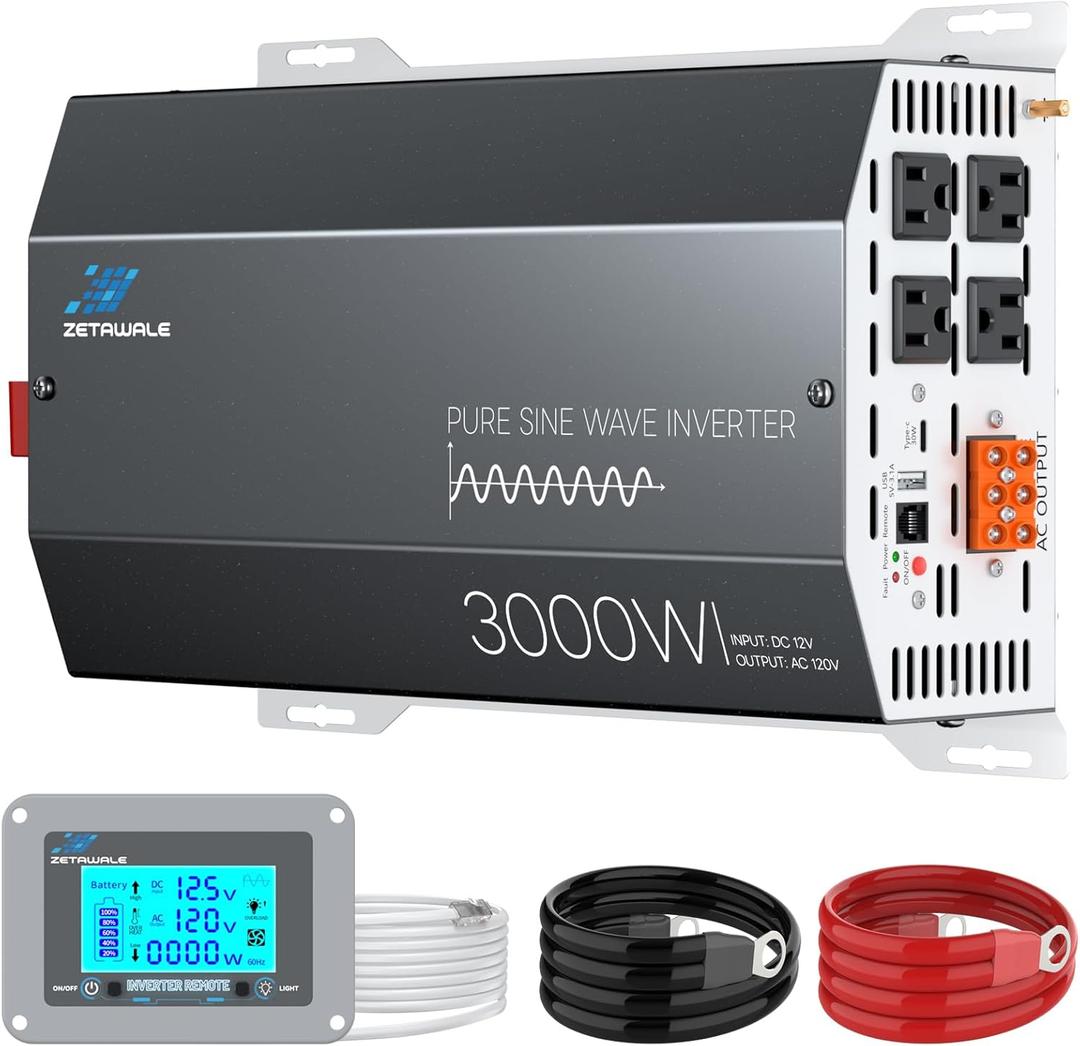 3000 Watts Pure Sine Wave Inverter 12V DC to 110V/120V AC Converter, 6000W Peak, LCD Remote Control, 4 AC Outlets, USB & Type-C  for RV, Truck, Off-Grid Solar System, Emergency Power