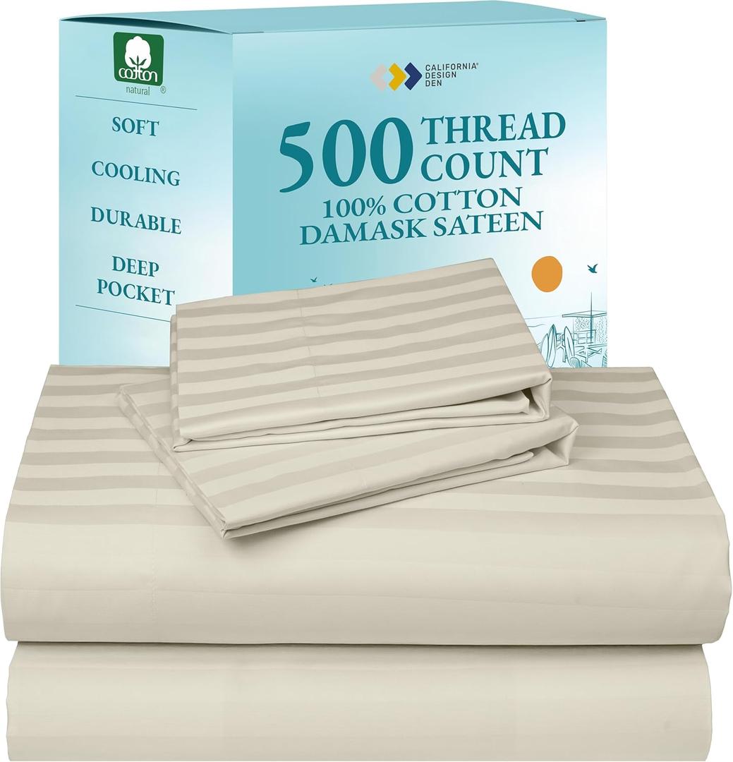 California Design Den 4 Piece King Size Sheet Set - 100% Cotton 500 Thread Count Sateen, Deep Pocket Bed Sheets with Fitted Elastic Sheet, Soft Luxury - Striped Ivory