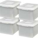 IRIS USA File Box, Plastic File Organizer with Lids for Letter/Legal File, Portable Document Box For Moving, Storage Bin with Durable and Secure Lid, Stackable Nestable BPA-Free, Pearl 35 Qt. 4 Pack