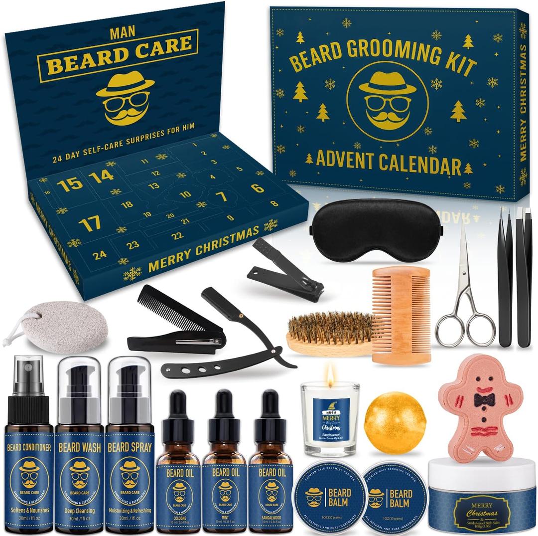 Christmas Stocking Stuffers for Men, Beard Care Grooming Gifts with Assorted Beard Balm Beard Oil and Relaxing Spa Gifts Christmas Gifts for Husband Father Boyfriends Young Men