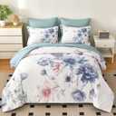 7 Piece Bed in a Bag Queen Floral Comforter Set Botanical Flower Printed on Light Blue Bedding Set, Soft Lightweight Comforter with Sheet Set for All Season (Light Blue, Queen)