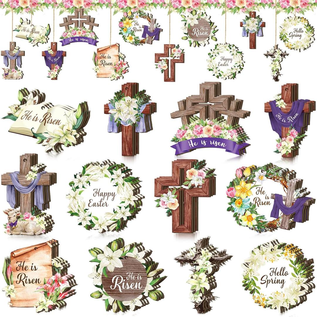 Spiareal 36 Pcs Easter Wooden Ornaments Religious He is Risen Ornaments Spring Hanging Decoration Holiday Christian Lily Cross Wood Cutouts Easter Decor for Party Small Tree Home