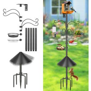Bird Feeder Pole, 92 Inch Squirrel-Proof Bird Feeder Stand with 4 Shepherd Hooks, Water Bowl and Mesh Tray, Adjustable Birdhouse Pole, Perfect for Outdoor Garden & Yard