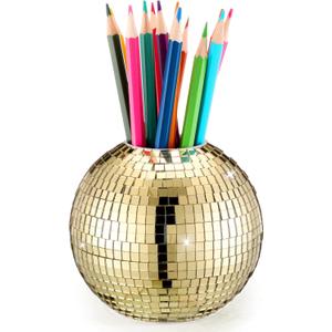 4 Inch Disco Ball Pencil Pen Holder for Desk Accessories Sequin Plastic Makeup Brush Holder Organizer Multifunctional Pencil Cup Disco Flower Vase for Home Office Classroom Decor(Gold)