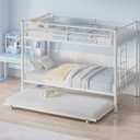 VECELO Twin Over Twin Bunk Bed with Trundle, Metal Bunkbeds with Ladder and Full-Length Guardrail, Noise Free, No Box Spring Needed, Off White