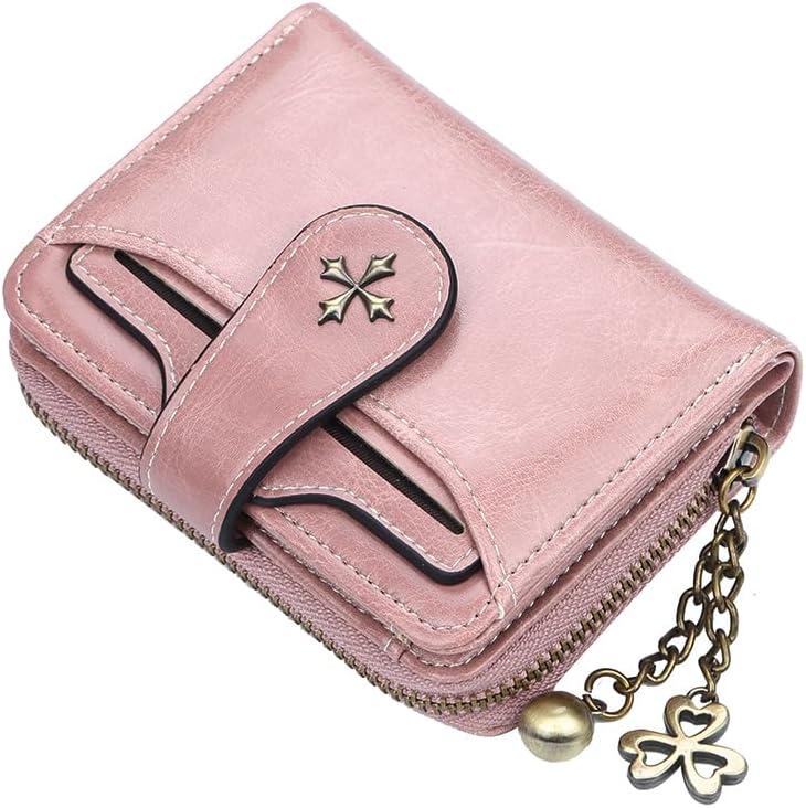 Small Wallet for Women Mini Leather Cash Wallets Zip Bifold Goth Purse Vintage Wallet Grunge Coin Pocket (Pink)