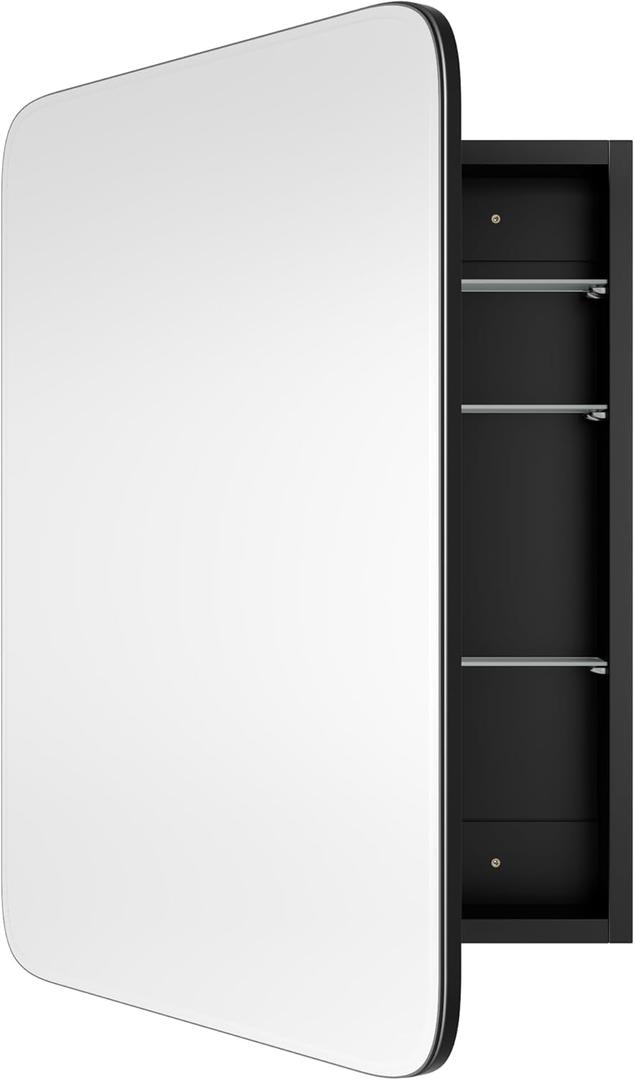 Bathroom Wood Black Cabinet with 20''x30'' Curved Mirror, Recessed Medicine Cabinet, Bathroom Storage Cabinet