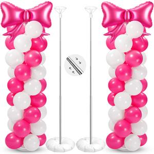 2 Sets Hot Pink White Bow Balloon Column Stand Kit Includes 2 Bows & 100 Latex Balloons Adjustable Stands for Princess Birthday Wedding Coquette Baby Shower Party Decoration,Hot Pink,white