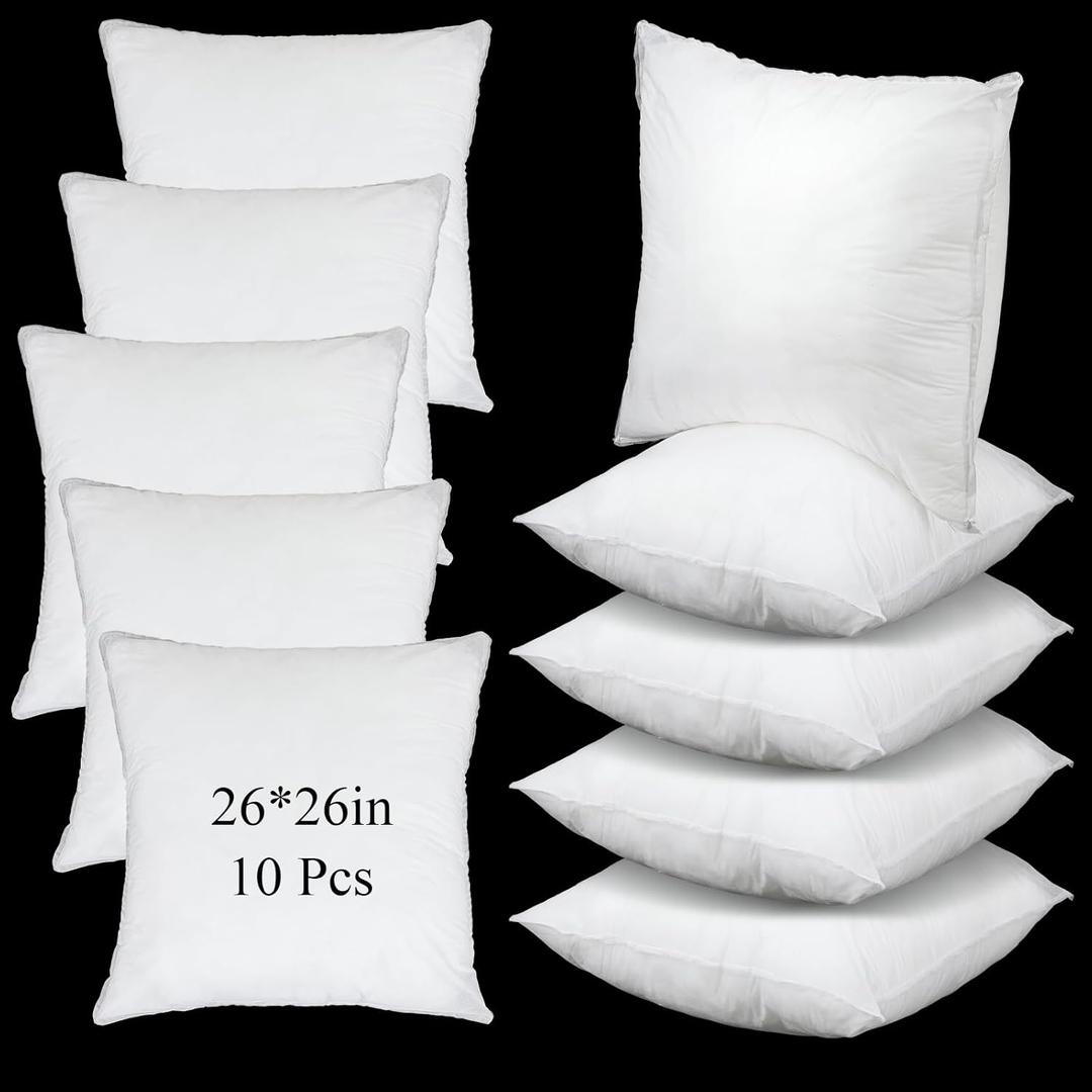 Soaoo 10 Pcs 26 x 26 Inches Pillow Inserts in Bulk, Filled in 1000g Polyester Stuffer, White Euro Pillows Inserts for Living Room Sofa Bed Couch Seasonal Decorating DIY Pillows Making