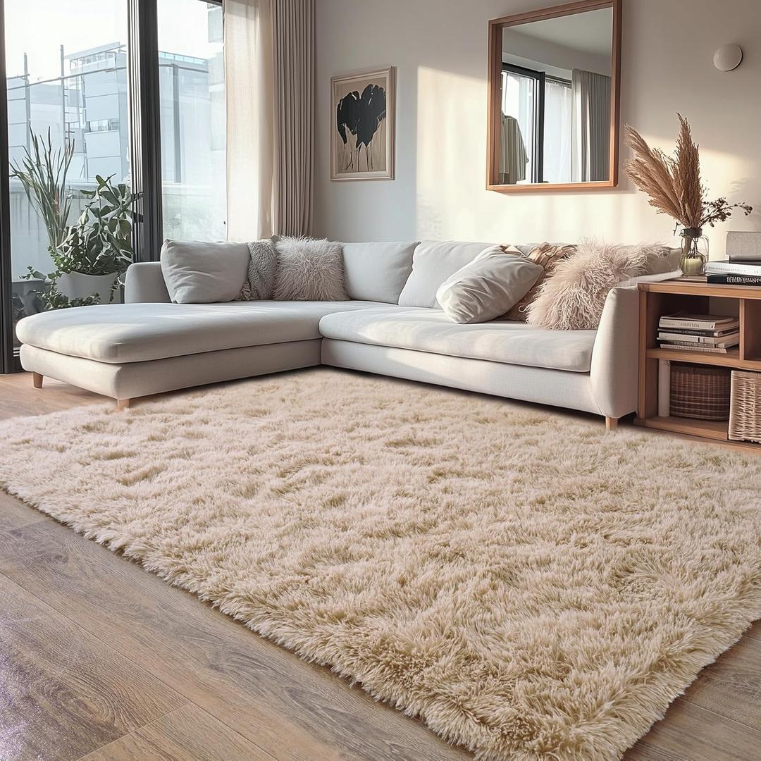 Beige Fluffy Rug for Bedroom 5x7 ft - Ultra Soft & Non Slip Shaggy Area Rug, Comfy Durable Carpet for Living Room Kids Room Teens Dorm Home Decor, 1.7'' Thick Indoor Plush Carpets