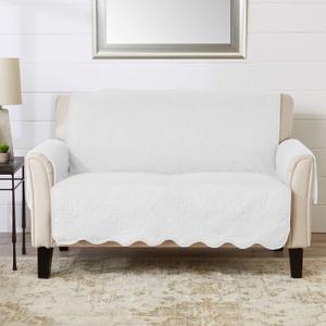 Great Bay Home Reversible Loveseat Cover - Washable Slipcover Furniture Protector with Elastic Straps - Couch Cover for Dogs, Kids, and Pets - Quilted & Stitched Detail (Loveseat, White/Sand)