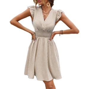 Women's Summer Dress V Neck Striped Mini Dress A Line Ruffle Sleeve Casual Dress (Medium, Brown)